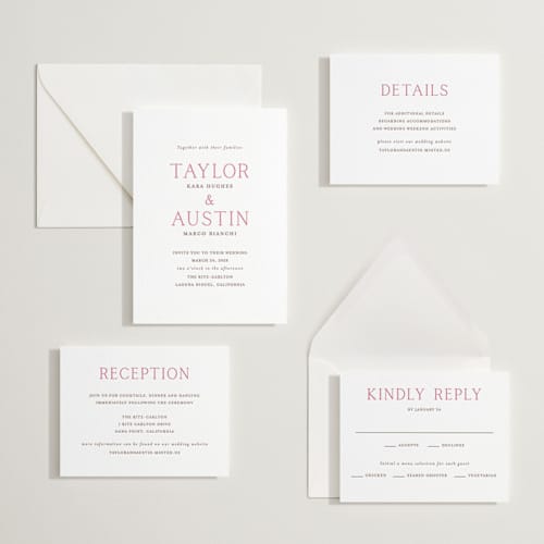 This is a azalea | burnt sienna letterpress wedding invitations with letterpress by Vanessa Doyle called in love printing on white cotton in standard