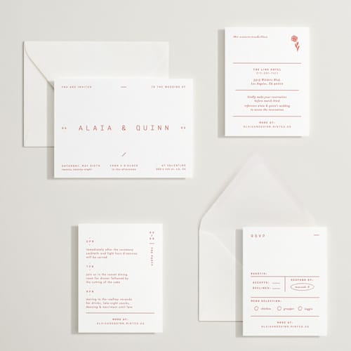 This is a verona sunset letterpress wedding invitations with letterpress by Blustery August called alaia printing on white cotton in standard