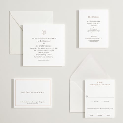 This is a cacao bean letterpress wedding invitations with letterpress by Megan Davis called perriand printing on white cotton in standard