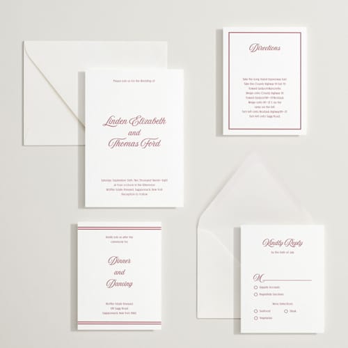This is a maraschino letterpress wedding invitations with letterpress by Nicoletta Savod called ritzy printing on white cotton in standard