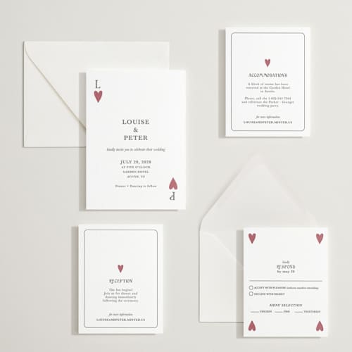 This is a maraschino letterpress wedding invitations with letterpress by Helena Vitto called red hearts printing on white cotton in standard