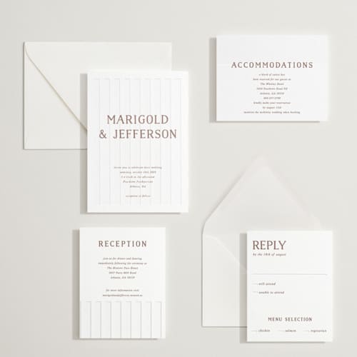 This is a burnt sienna letterpress wedding invitations with letterpress by Kelly Watkins called stripes printing on coventry320 in standard