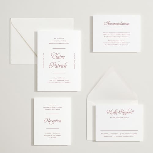 This is a maraschino letterpress wedding invitations with letterpress by Carolyn MacLaren called modernne printing on white cotton in standard