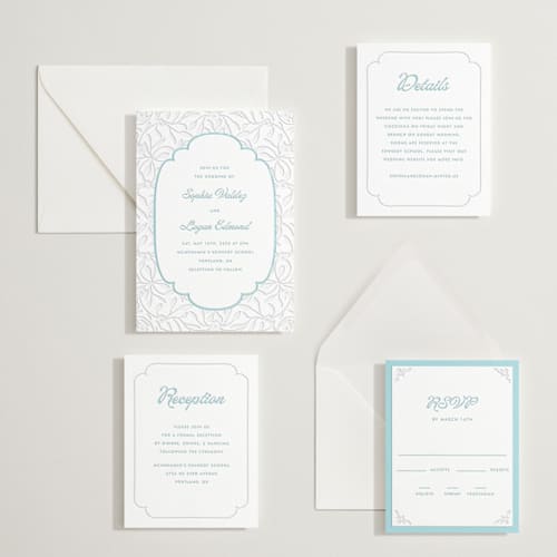 This is a robin's egg letterpress wedding invitations with letterpress by Morgan Kendall called victorian chic printing on white cotton in standard