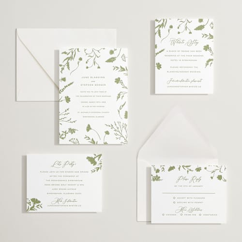 This is a olive letterpress wedding invitations with letterpress by Erin Hodges called untied printing on white cotton in standard
