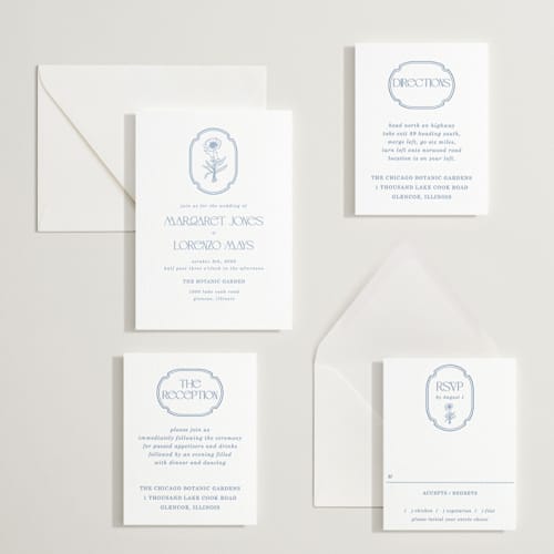 This is a pacific blue letterpress wedding invitations with letterpress by Baumbirdy called flora arch printing on white cotton in standard