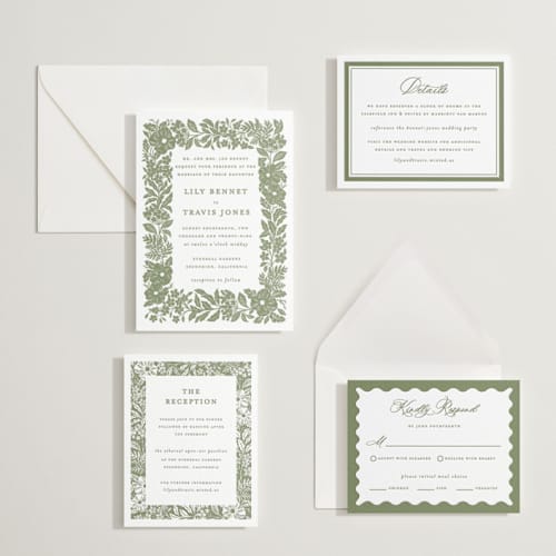 This is a artichoke letterpress wedding invitations with letterpress by Sarah Knight called ethereal gardens printing on white cotton in standard