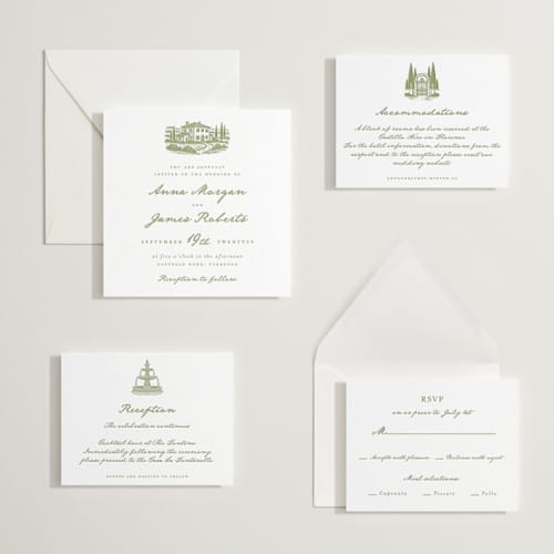 This is a olive letterpress wedding invitations with letterpress by Maja Cunningham called villa printing on white cotton in standard