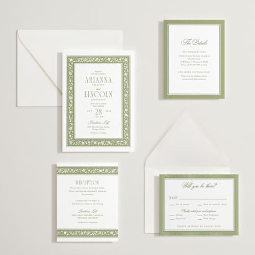 This is a olive letterpress wedding invitations with letterpress by Robert and Stella called darcy printing on white cotton in standard