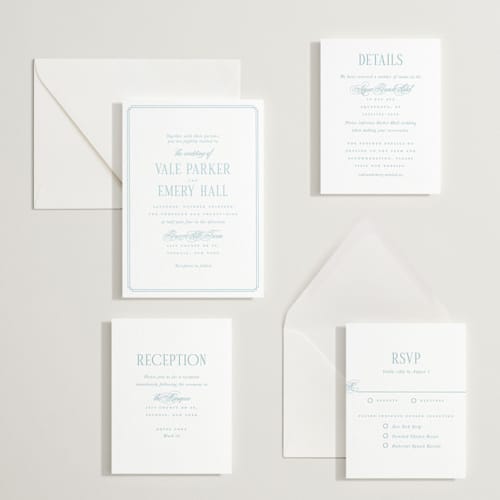 This is a robin's egg letterpress wedding invitations with letterpress by Hudson meet Rose called hamptons printing on white cotton in standard
