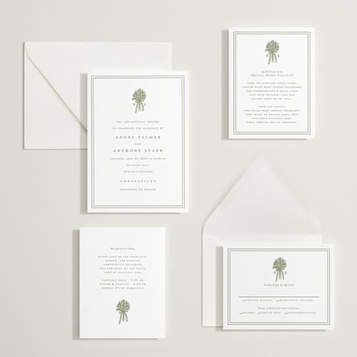 This is a artichoke letterpress wedding invitations with letterpress by Lori Wemple called wedding bouquet printing on white cotton in standard