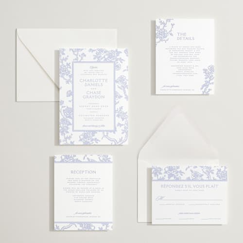 This is a vista letterpress wedding invitations with letterpress by Jenna Holcomb called classic toile printing on white cotton in standard