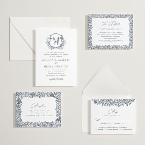 This is a night sky letterpress wedding invitations with letterpress by Erin Deegan called hummingbird botanicals printing on white cotton in standard