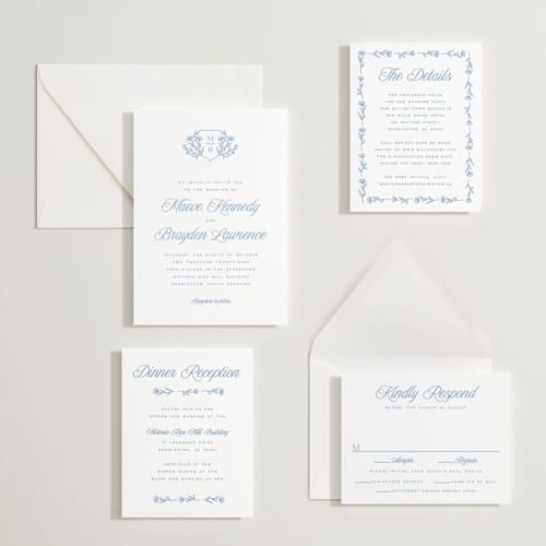 This is a pacific blue letterpress wedding invitations with letterpress by Hooray Creative called blue crest printing on white cotton in standard