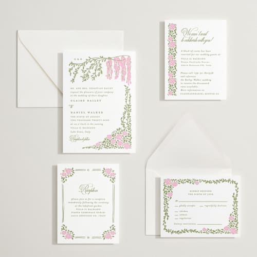 This is a lotus letterpress wedding invitations with letterpress by Creo Study called vintage blooms printing on white cotton in standard