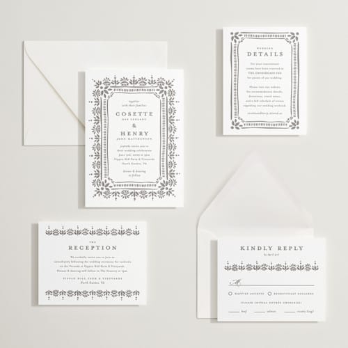 This is a graphite letterpress wedding invitations with letterpress by Melanie Kosuge called cosette printing on white cotton in standard