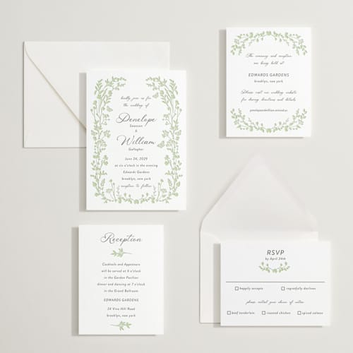 This is a matcha letterpress wedding invitations with letterpress by Susan Moyal called flower garden printing on white cotton in standard
