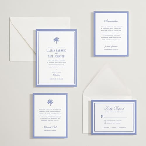 This is a bluebell letterpress wedding invitations with letterpress by Sara Hicks Malone called preston printing on white cotton in standard
