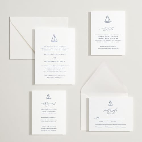 This is a indigo letterpress wedding invitations with letterpress by Jelena Vuletic called mariner printing on white cotton in standard