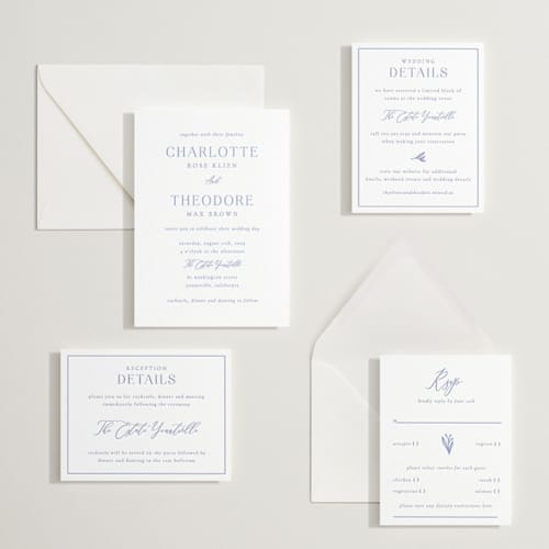 This is a bluebell letterpress wedding invitations with letterpress by Jen Movitz called simple type printing on white cotton in standard