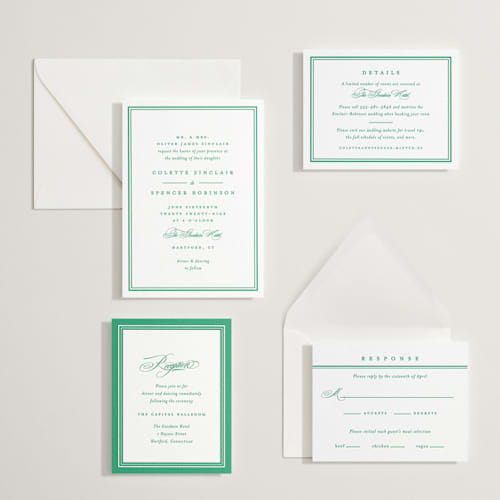 This is a emerald letterpress wedding invitations with letterpress by Olivia Raufman called hartford printing on white cotton in standard