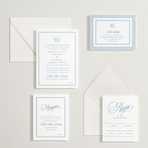 This is a pacific blue letterpress wedding invitations with letterpress by Creo Study called posh printing on white cotton in standard
