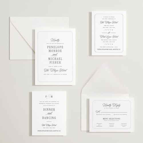 This is a soft black letterpress wedding invitations with letterpress by Leah Bisch called outlined printing on white cotton in standard