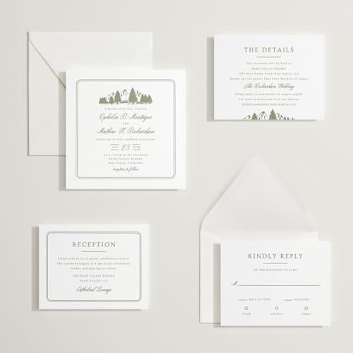 This is a artichoke letterpress wedding invitations with letterpress by Ana Sharpe called summit meadows printing on white cotton in standard