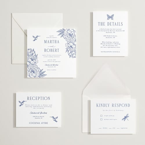 This is a lapis letterpress wedding invitations with letterpress by Sherley Ferreira called botanical dream printing on white cotton in standard