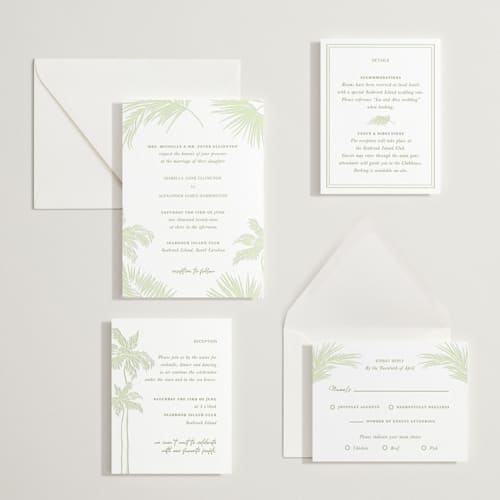 This is a honeydew letterpress wedding invitations with letterpress by Lucrecia Caporale called shoreline elegance printing on white cotton in standard