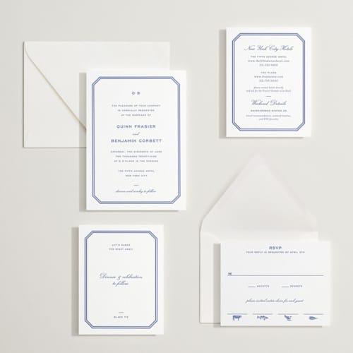 This is a mediterranean letterpress wedding invitations with letterpress by Megan Davis called brasserie printing on white cotton in standard