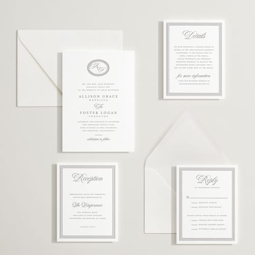 This is a graphite letterpress wedding invitations with letterpress by Jessica Williams called haverly printing on luxe white cotton in standard