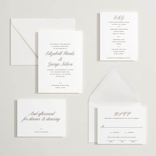 This is a cacao bean letterpress wedding invitations with letterpress by Megan Davis called basque printing on white cotton in standard