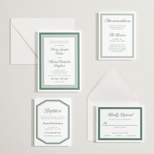 This is a racing green letterpress wedding invitations with letterpress by Kelly Watkins called archer printing on white cotton in standard