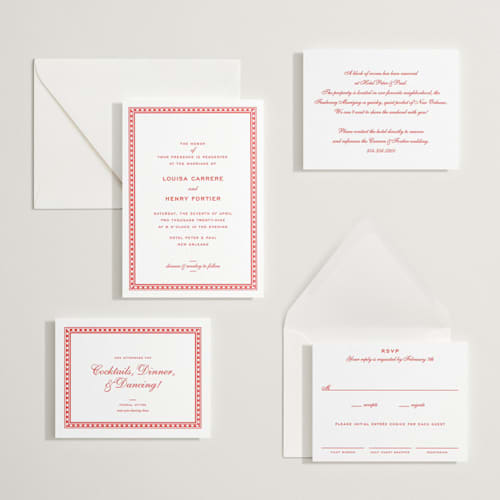 This is a ruby letterpress wedding invitations with letterpress by Megan Davis called larkin printing on white cotton in standard