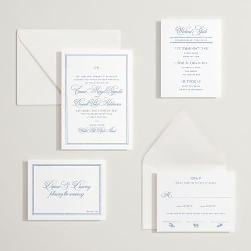 This is a pacific blue letterpress wedding invitations with letterpress by Megan Davis called maison printing on white cotton in standard