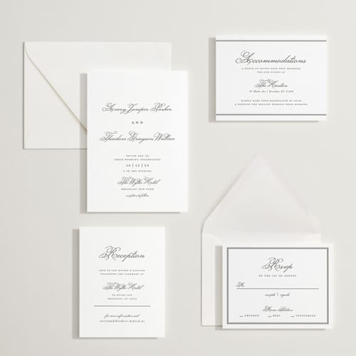This is a soft black letterpress wedding invitations with letterpress by Kelly Watkins called bliss printing on white cotton in standard