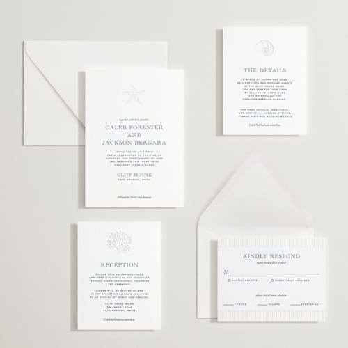 This is a blueberry letterpress wedding invitations with letterpress by Jenna Holcomb called the sea printing on white cotton in standard