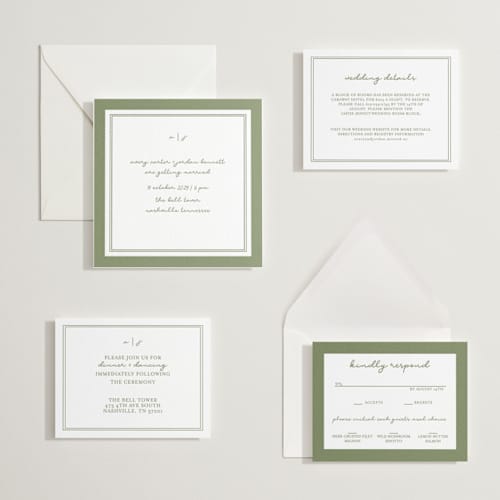 This is a artichoke letterpress wedding invitations with letterpress by Brittney Jensen called the verdure suite printing on white cotton in standard