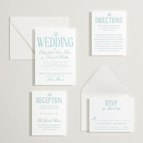 This is a robin's egg letterpress wedding invitations with letterpress by Baumbirdy called big day printing on white cotton in standard