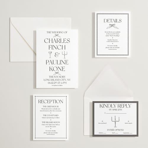 This is a soft black | graphite letterpress wedding invitations with letterpress by Julia Liverton called trés chic printing on white cotton in standard