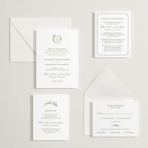 This is a olive letterpress wedding invitations with letterpress by Lucrecia Caporale called botanical crest printing on white cotton in standard