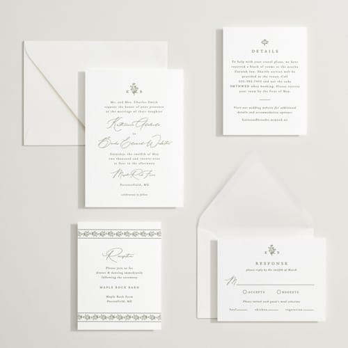 This is a artichoke letterpress wedding invitations with letterpress by Olivia Raufman called posy printing on white cotton in standard