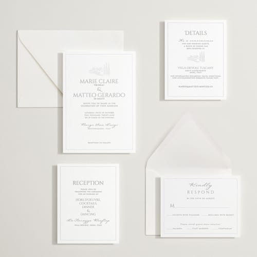 This is a granite letterpress wedding invitations with letterpress by MG Patternbox called vigneto printing on white cotton in standard
