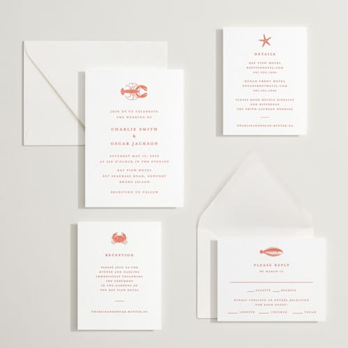 This is a poppy letterpress wedding invitations with letterpress by Pippa Shaw called lobster printing on white cotton in standard
