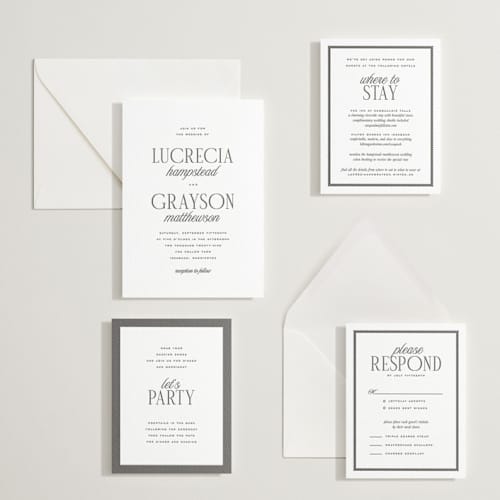 This is a soft black letterpress wedding invitations with letterpress by Kamala Nahas called grayson printing on white cotton in standard