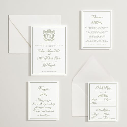 This is a olive letterpress wedding invitations with letterpress by Petra Kern called crestino printing on white cotton in standard