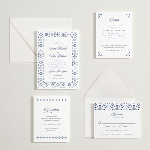 This is a lapis letterpress wedding invitations with letterpress by Olivia Raufman called talavera tiles printing on white cotton in standard