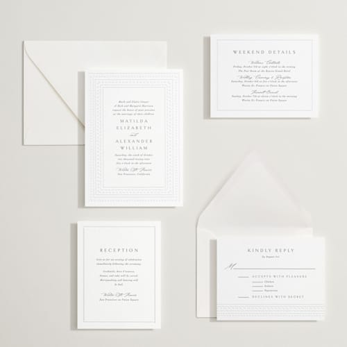 This is a smoke letterpress wedding invitations with letterpress by Meggy Masters called heirloom needlework printing on white cotton in standard