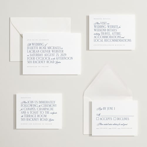 This is a blueberry letterpress wedding invitations with letterpress by Hudson meet Rose called london printing on white cotton in standard